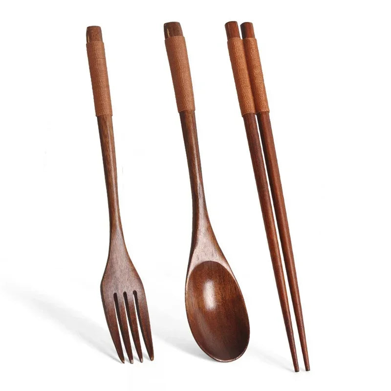 3Pcs Japanese Wooden Reusable Sushi Chopsticks Spoon Cutlery Set Non-slip Travel Dinnerware Suit Tableware Kitchen Tools