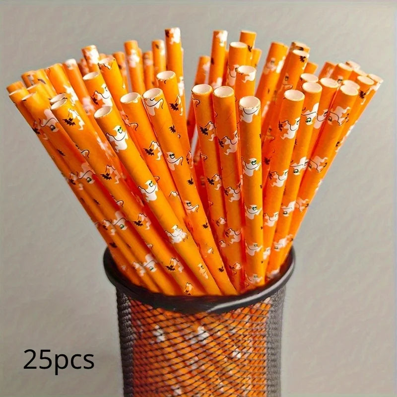 Paper Straw Color Biodegradable Disposable Paper Straw Halloween Black Orange Skull Creative Party