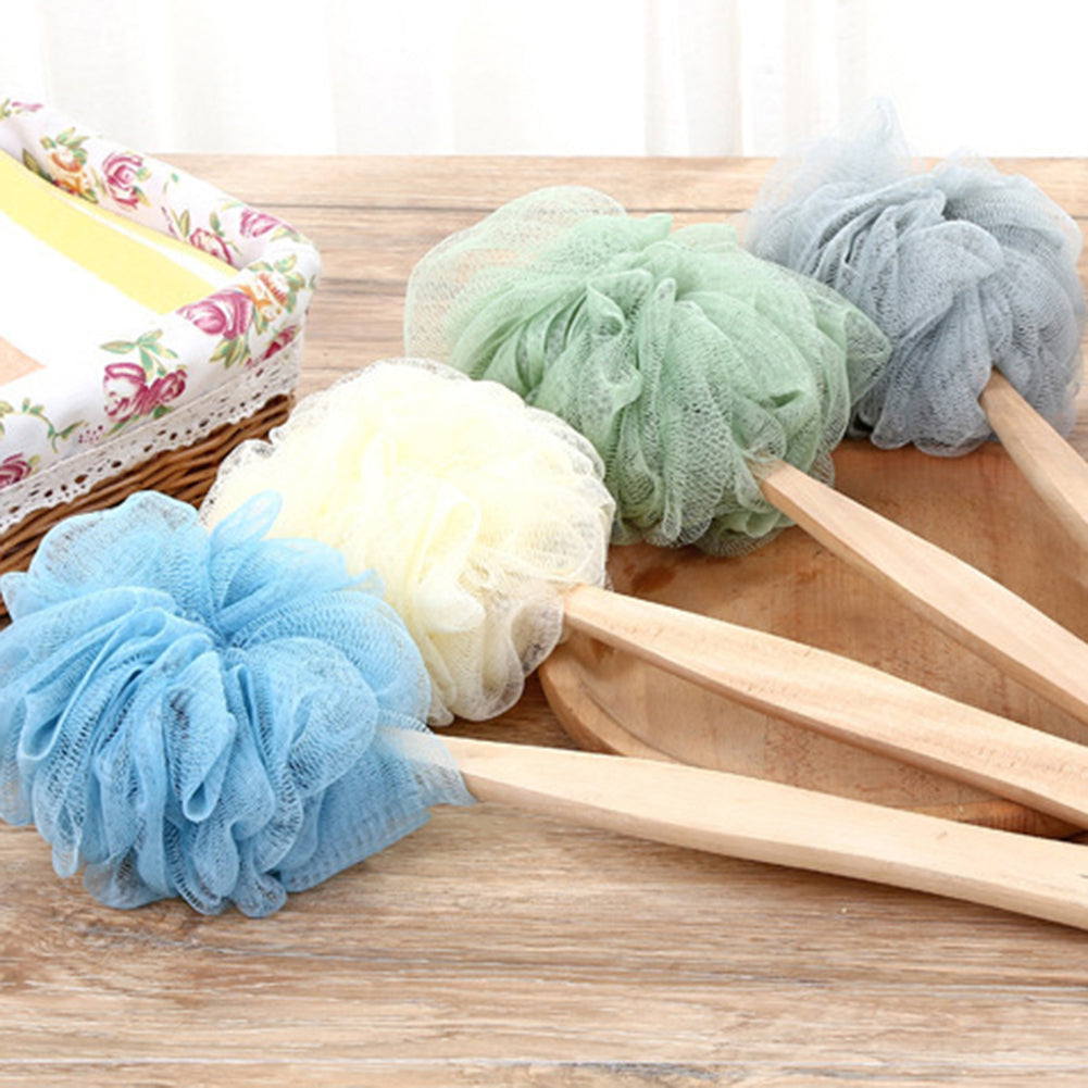 Bath Scrubber - Wooden Long Handle Soft Nylon Mesh Scrubber