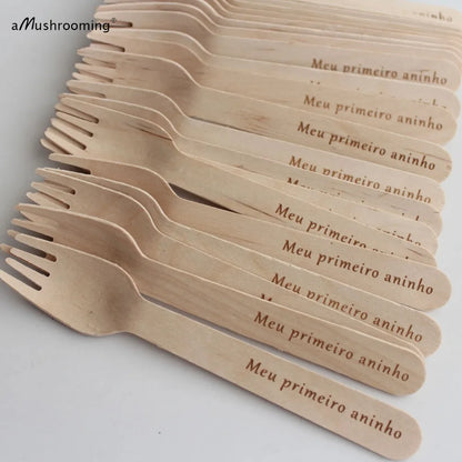 x50 Personalized My First Night Wooden Utensils Biodegradable Disposable Dessert Salad Forks Party Cake Dinner Forks 16cm