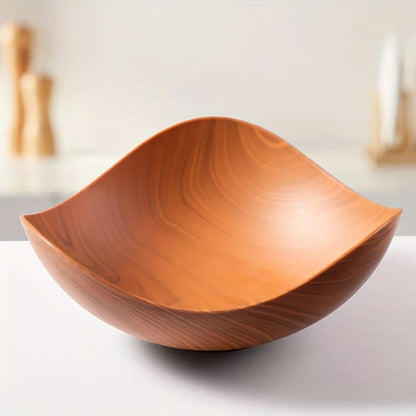 Wood Grain Salad Bowl - Durable Plastic Serving Dish