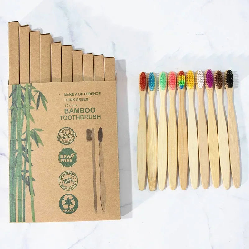 Bamboo Toothbrush 10Pcs Eco-Friendly Soft Bristle Charcoal
