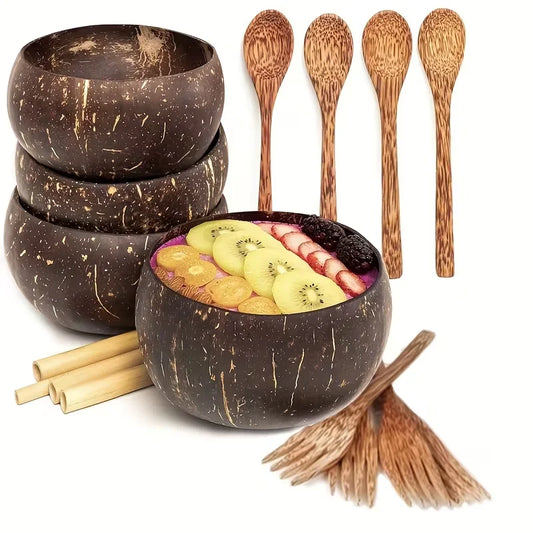 Eco-Friendly Kitchen Set – Polished Coconut Bowl & Wooden Spoon Set with Bamboo Straws • Includes Smoothie Bowl, Wooden Spoon, Wooden Cutlery Set, Natural Coconut Salad Bowl, etc. – Perfect Gift for Women; Natural Coconut Shell Bowls