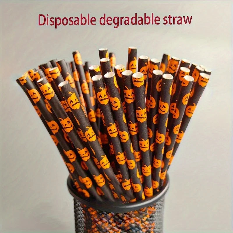 Paper Straw Color Biodegradable Disposable Paper Straw Halloween Black Orange Skull Creative Party