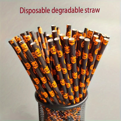 Paper Straw Color Biodegradable Disposable Paper Straw Halloween Black Orange Skull Creative Party