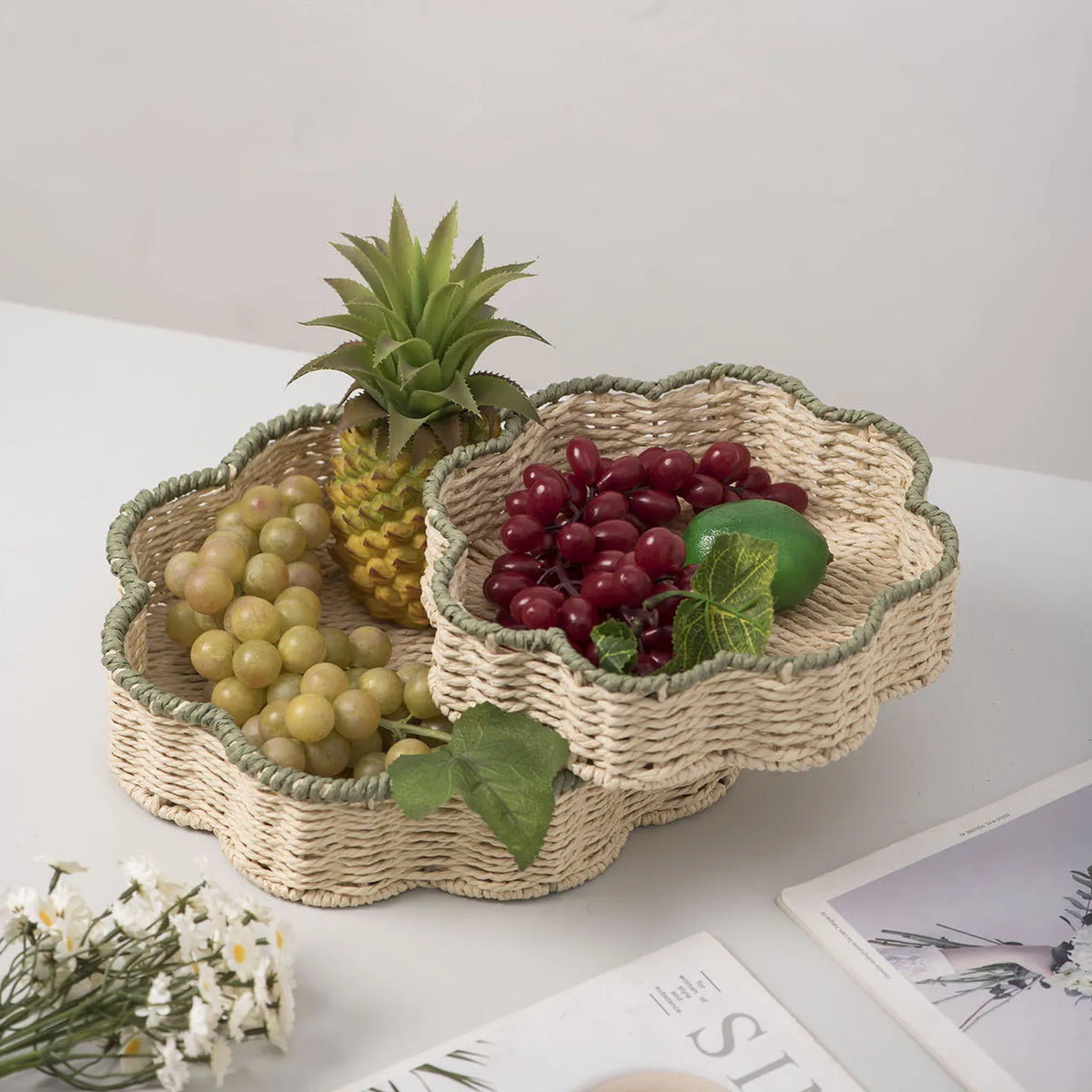 Hand-Woven Breakfast Tray Food Plate Serving Display Basket Simulation Rattan Storage Tray Fruit Vegetable Organizer Basket