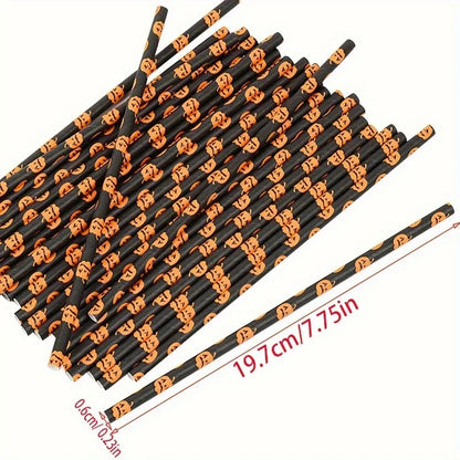 Paper Straw Color Biodegradable Disposable Paper Straw Halloween Black Orange Skull Creative Party