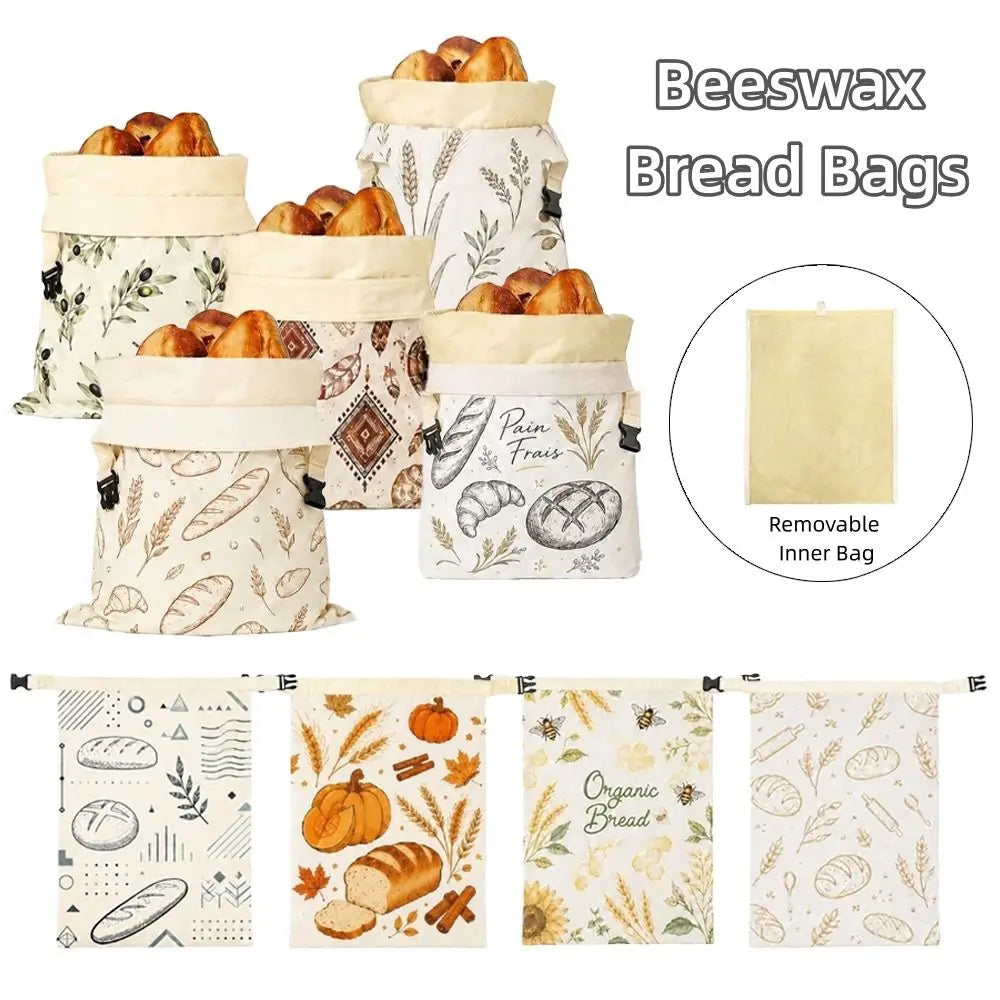 Cotton Beeswax Bread Bags Lock Closure 43x33 Bread Storage Bag Removable Inner Bag Bread Pattern Beeswax Coated Bags Kitchen Use