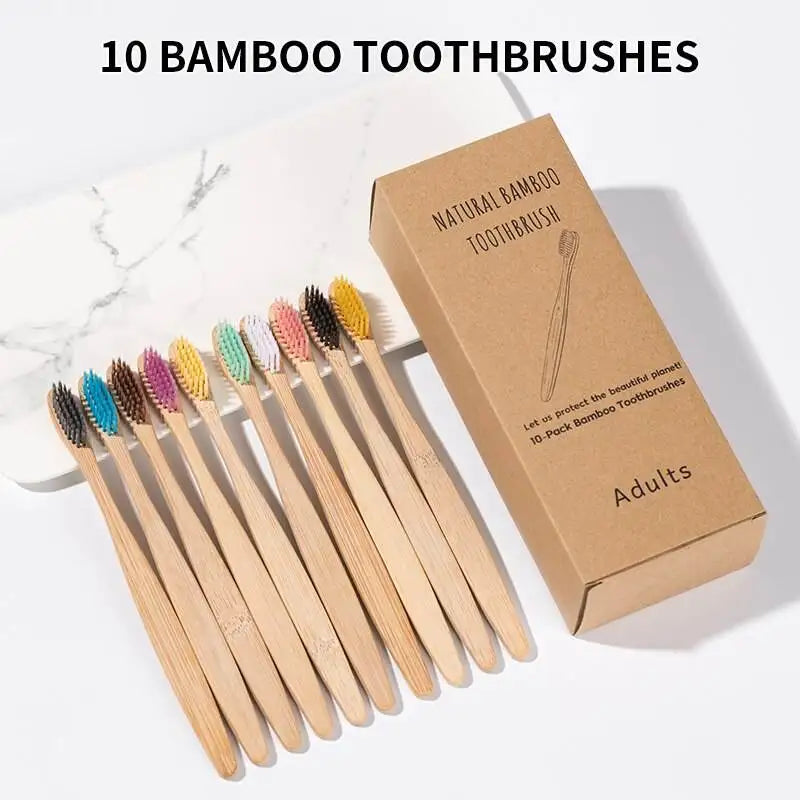 Bamboo Toothbrush 10Pcs Eco-Friendly Soft Bristle Charcoal