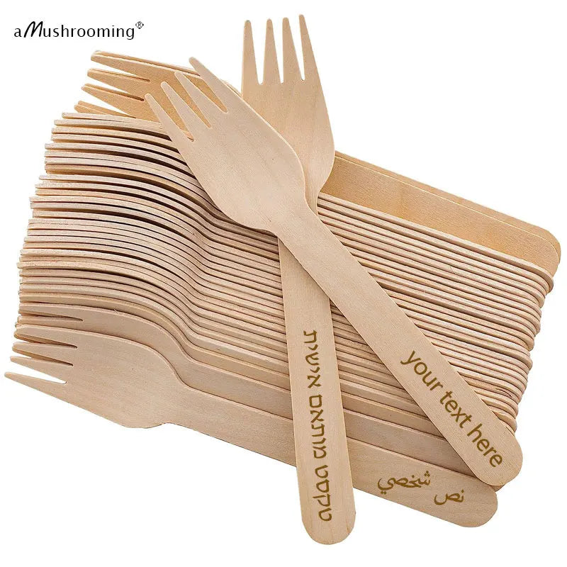 x50 Personalized My First Night Wooden Utensils Biodegradable Disposable Dessert Salad Forks Party Cake Dinner Forks 16cm