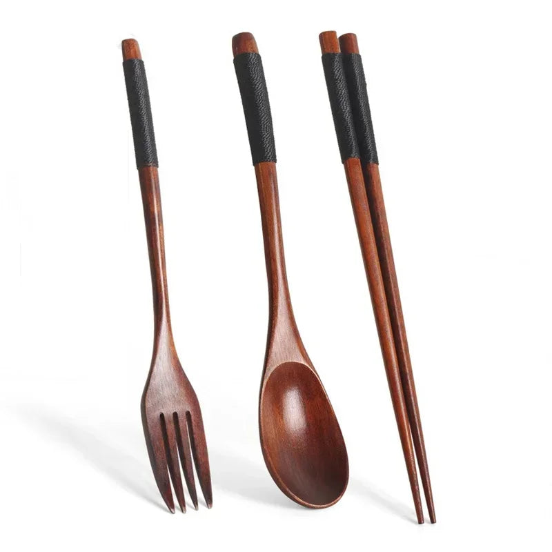 3Pcs Japanese Wooden Reusable Sushi Chopsticks Spoon Cutlery Set Non-slip Travel Dinnerware Suit Tableware Kitchen Tools