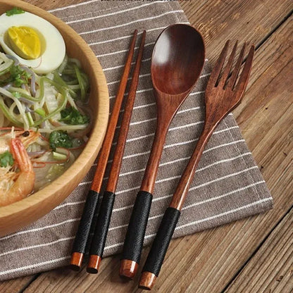 3Pcs Japanese Wooden Reusable Sushi Chopsticks Spoon Cutlery Set Non-slip Travel Dinnerware Suit Tableware Kitchen Tools