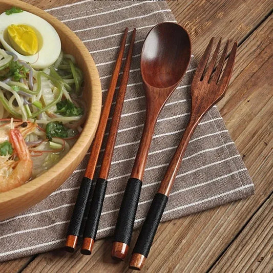 3Pcs Japanese Wooden Reusable Sushi Chopsticks Spoon Cutlery Set Non-slip Travel Dinnerware Suit Tableware Kitchen Tools