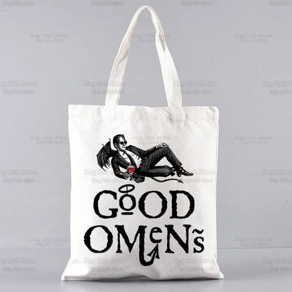 Good Omens Grow Better Reusable Shopping Bag Women Canvas Tote Bags Printing Eco Bag Cartoon Shopper Shoulder Bags