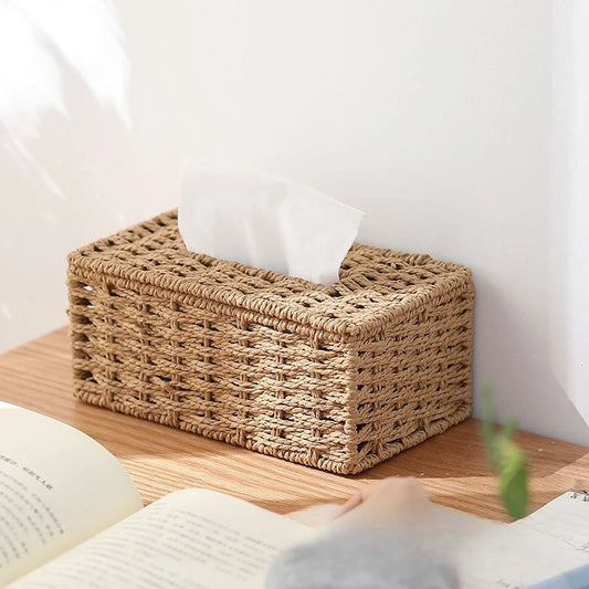 New Woven Tissue Box Imitation Rattan Woven Grass Tissue Storage Box Luxury Tissue Paper Holder Home Living RoomTable Decoration