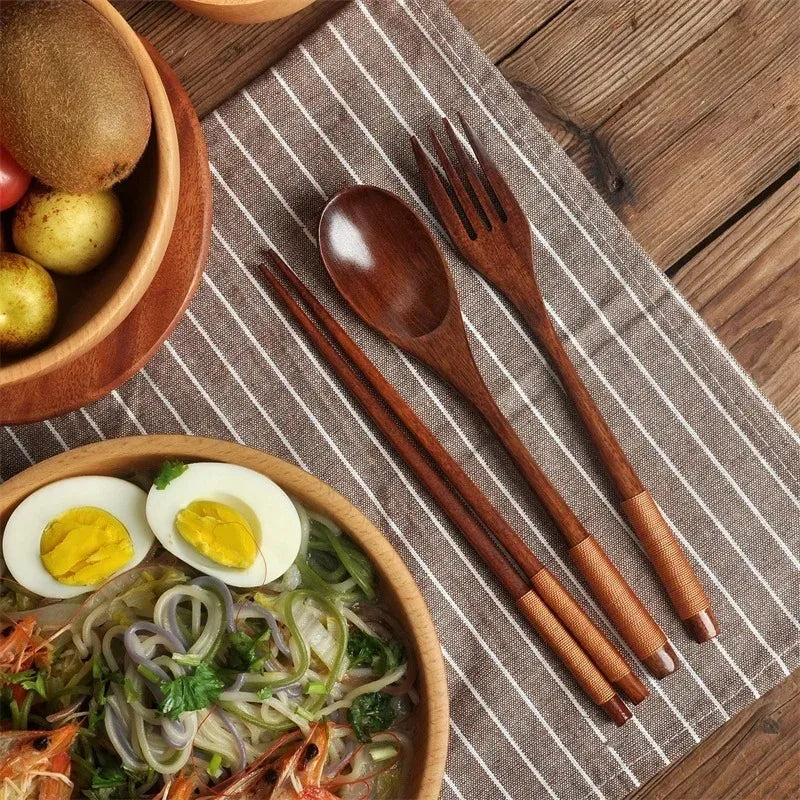 3Pcs Japanese Wooden Reusable Sushi Chopsticks Spoon Cutlery Set Non-slip Travel Dinnerware Suit Tableware Kitchen Tools