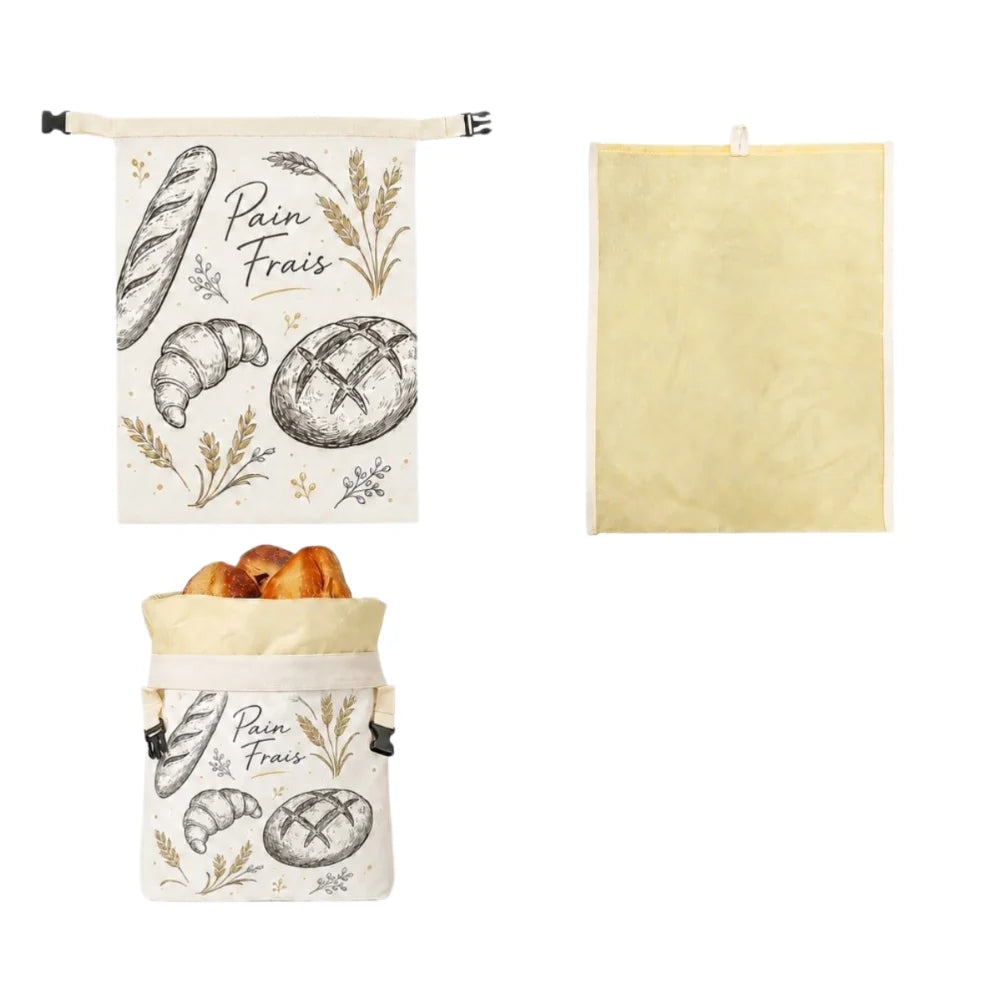 Cotton Beeswax Bread Bags Lock Closure 43x33 Bread Storage Bag Removable Inner Bag Bread Pattern Beeswax Coated Bags Kitchen Use