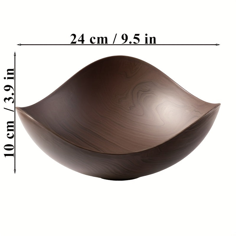 Wood Grain Salad Bowl - Durable Plastic Serving Dish