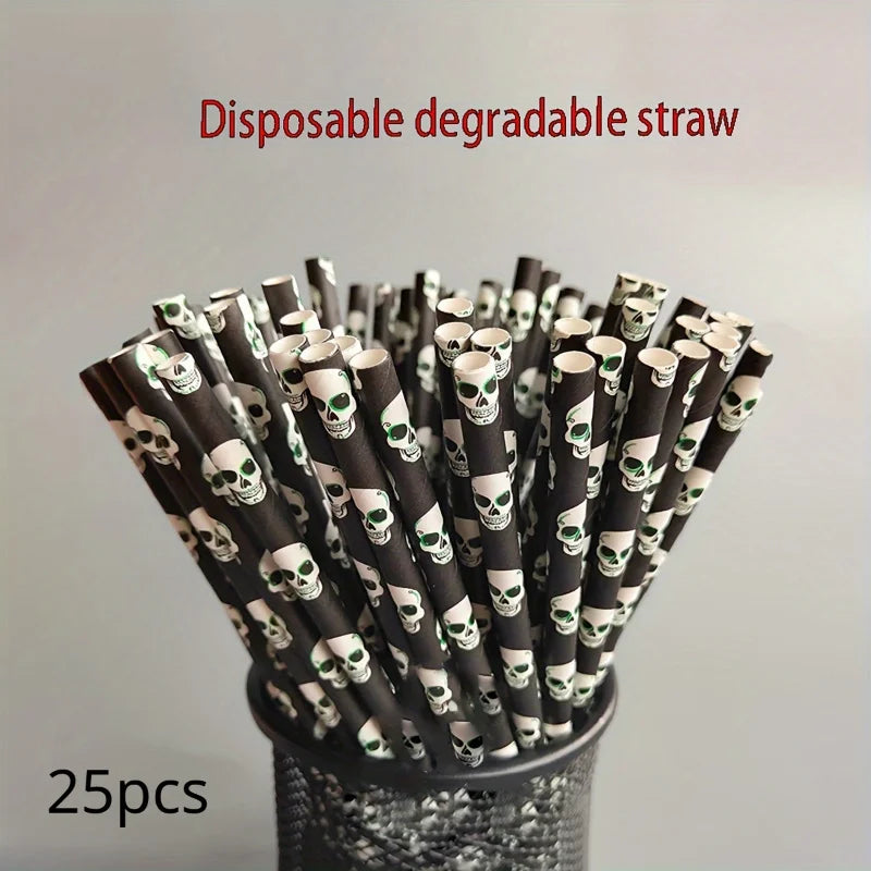 Paper Straw Color Biodegradable Disposable Paper Straw Halloween Black Orange Skull Creative Party
