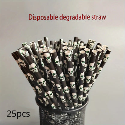 Paper Straw Color Biodegradable Disposable Paper Straw Halloween Black Orange Skull Creative Party