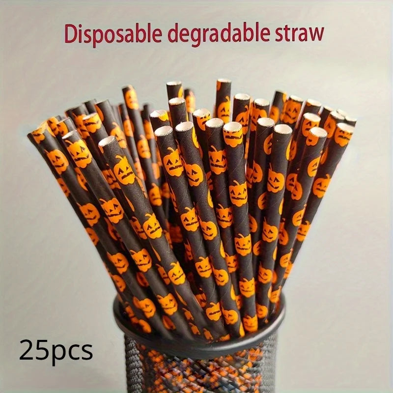 Paper Straw Color Biodegradable Disposable Paper Straw Halloween Black Orange Skull Creative Party