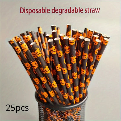 Paper Straw Color Biodegradable Disposable Paper Straw Halloween Black Orange Skull Creative Party