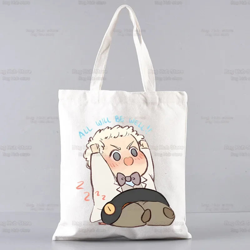 Good Omens Grow Better Reusable Shopping Bag Women Canvas Tote Bags Printing Eco Bag Cartoon Shopper Shoulder Bags