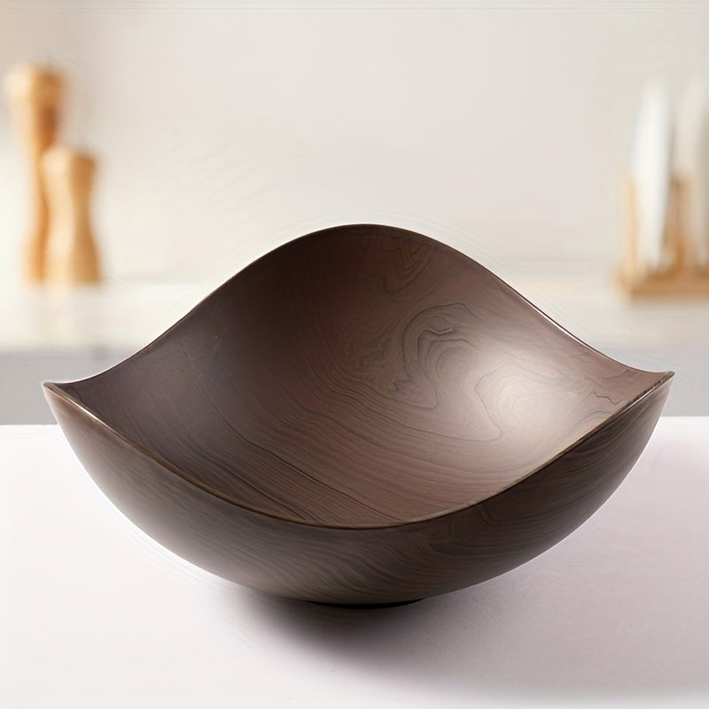 Wood Grain Salad Bowl - Durable Plastic Serving Dish