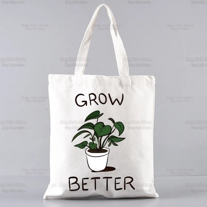 Good Omens Grow Better Reusable Shopping Bag Women Canvas Tote Bags Printing Eco Bag Cartoon Shopper Shoulder Bags