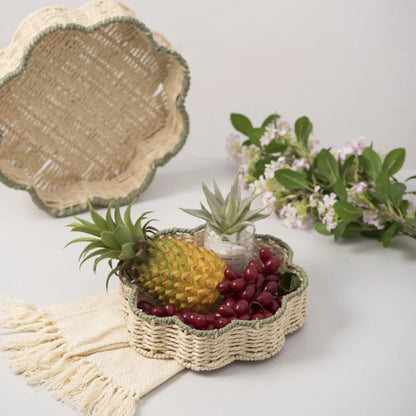 Hand-Woven Breakfast Tray Food Plate Serving Display Basket Simulation Rattan Storage Tray Fruit Vegetable Organizer Basket