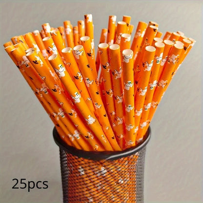 Paper Straw Color Biodegradable Disposable Paper Straw Halloween Black Orange Skull Creative Party