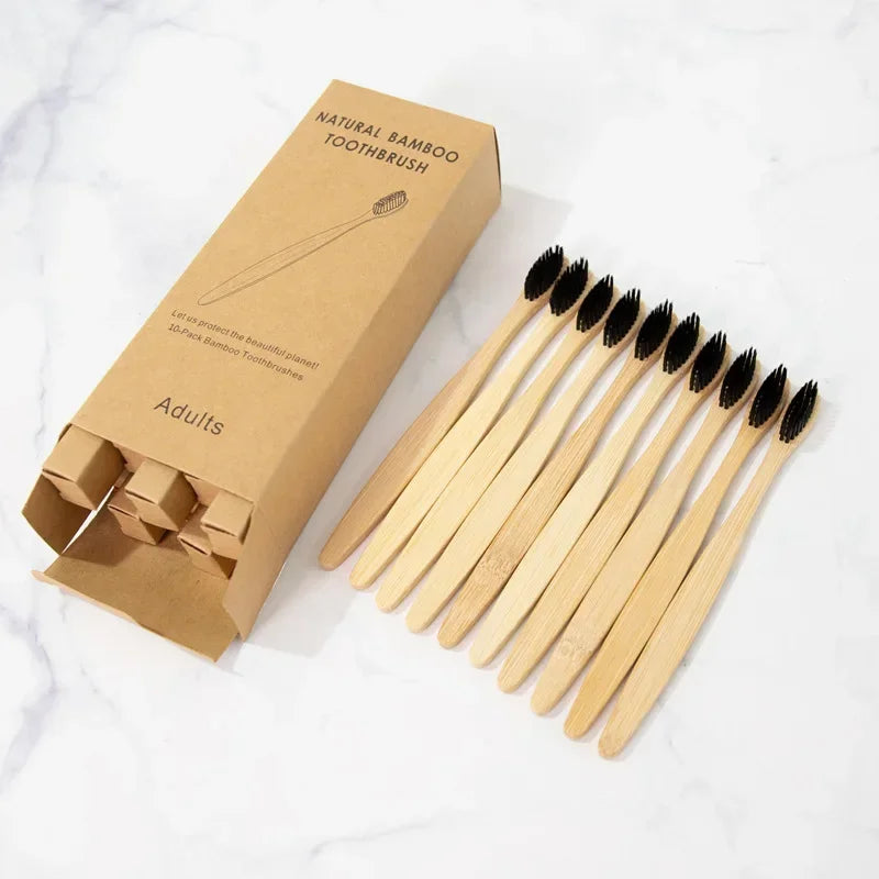 Bamboo Toothbrush 10Pcs Eco-Friendly Soft Bristle Charcoal