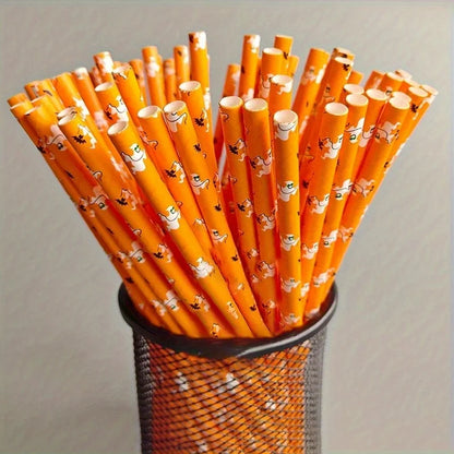 Paper Straw Color Biodegradable Disposable Paper Straw Halloween Black Orange Skull Creative Party