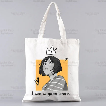 Good Omens Grow Better Reusable Shopping Bag Women Canvas Tote Bags Printing Eco Bag Cartoon Shopper Shoulder Bags