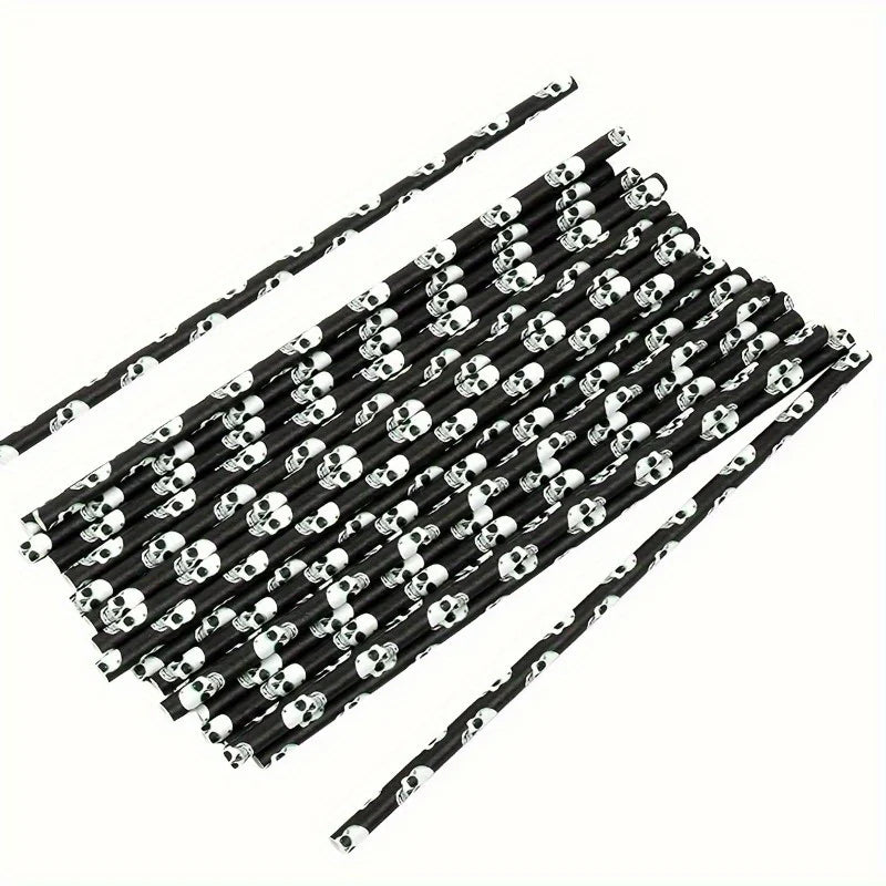 Paper Straw Color Biodegradable Disposable Paper Straw Halloween Black Orange Skull Creative Party