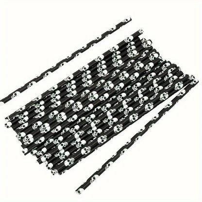 Paper Straw Color Biodegradable Disposable Paper Straw Halloween Black Orange Skull Creative Party