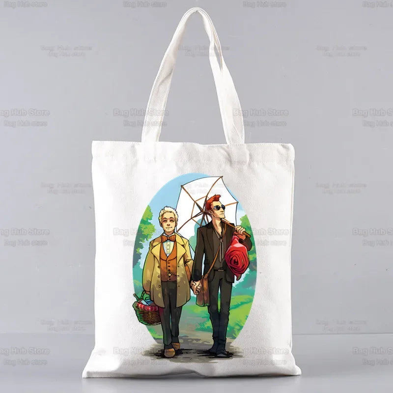 Good Omens Grow Better Reusable Shopping Bag Women Canvas Tote Bags Printing Eco Bag Cartoon Shopper Shoulder Bags