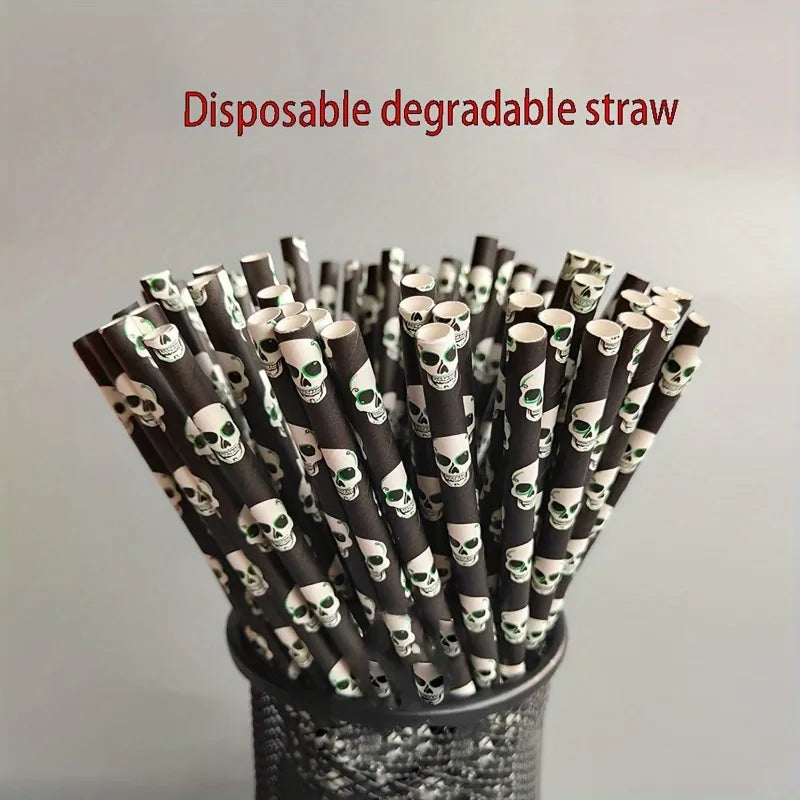 Paper Straw Color Biodegradable Disposable Paper Straw Halloween Black Orange Skull Creative Party