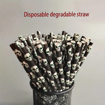 Paper Straw Color Biodegradable Disposable Paper Straw Halloween Black Orange Skull Creative Party