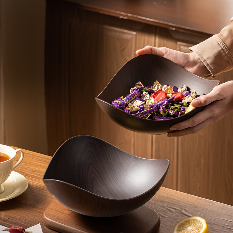Wood Grain Salad Bowl - Durable Plastic Serving Dish