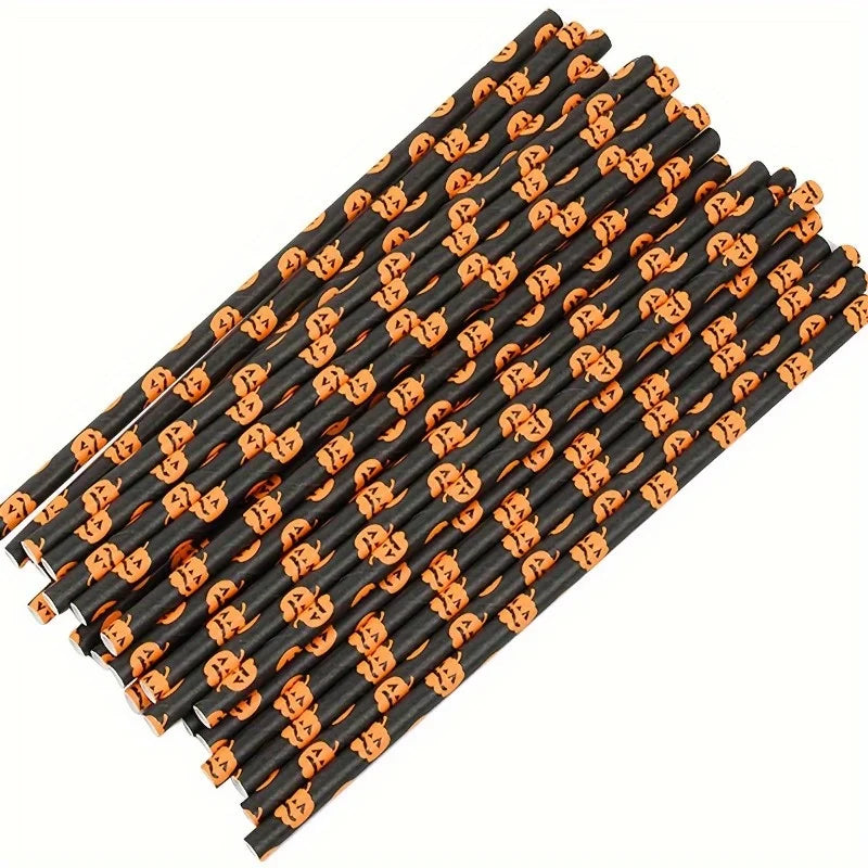 Paper Straw Color Biodegradable Disposable Paper Straw Halloween Black Orange Skull Creative Party
