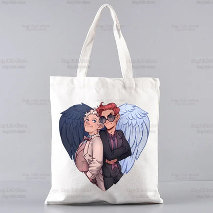 Good Omens Grow Better Reusable Shopping Bag Women Canvas Tote Bags Printing Eco Bag Cartoon Shopper Shoulder Bags